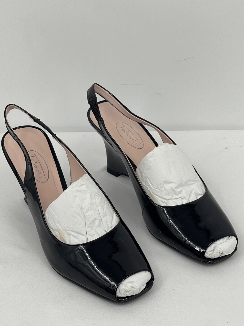 Talbots Black Patent Peep-Toe SIZE 8B LEATHER Slingback wedge Heels NWOT